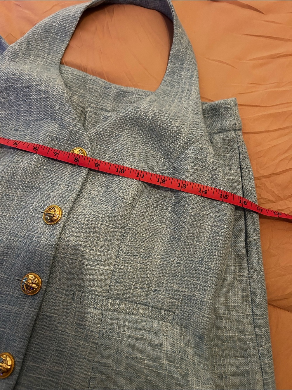 Commense Light Blue Textured Vest and Pants Set with Gold Buttons. Size M. - Picture 9 of 16